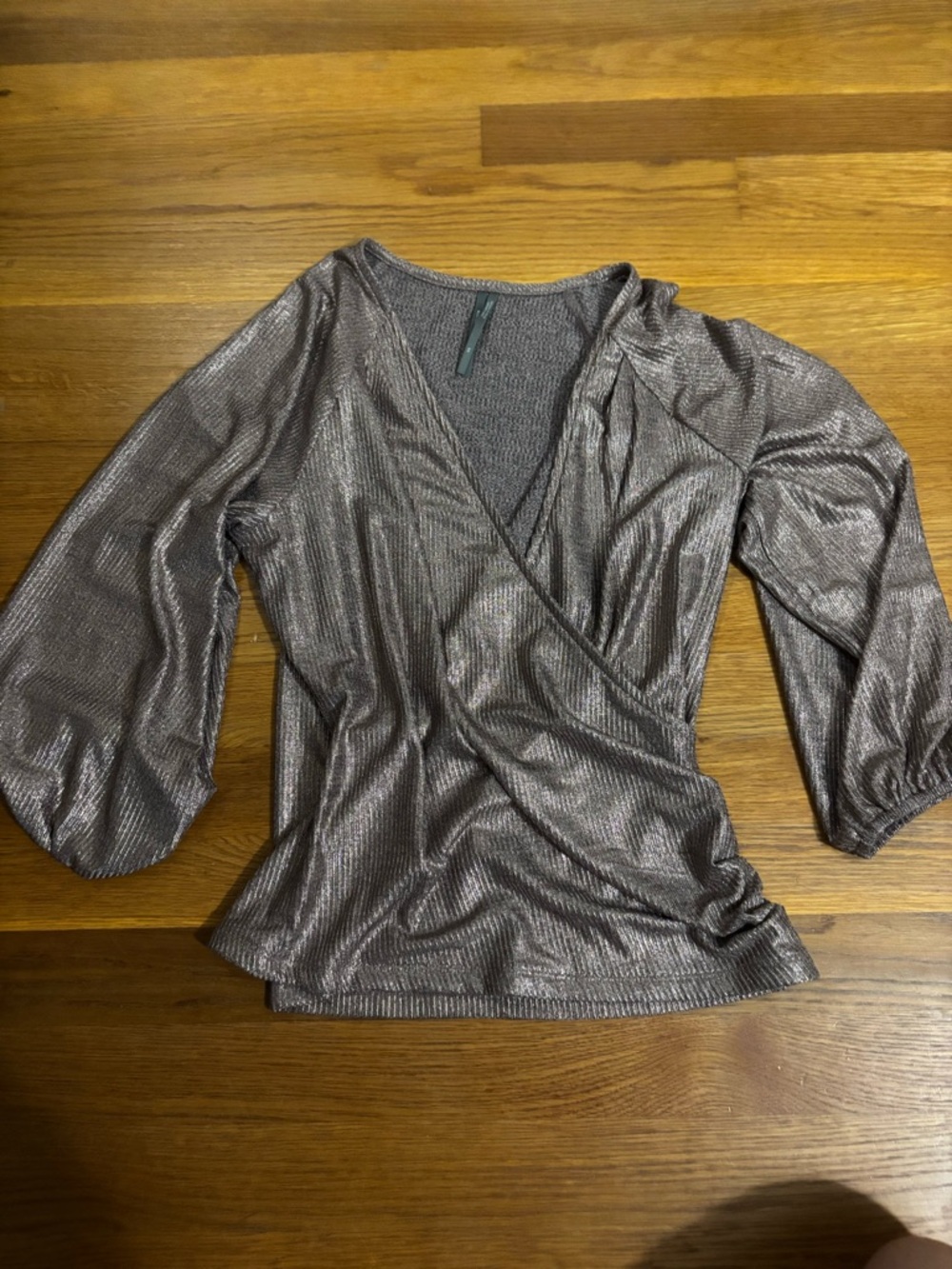 Anthropologie Metallic Taupe Faux Wrap Blouse